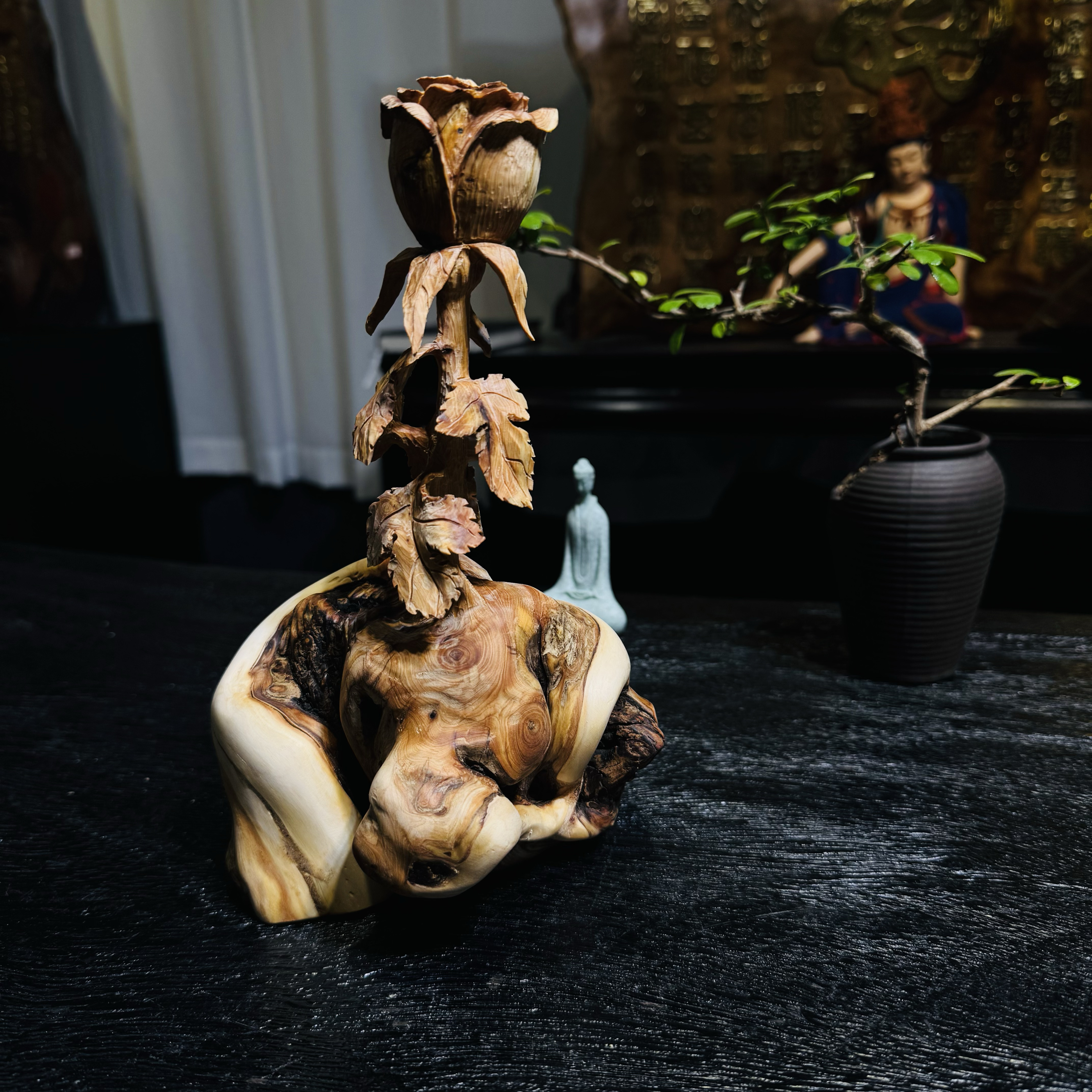 崖柏陀陀双色料手作玫瑰花家居装饰钟看一生意境小摆件15×15×23