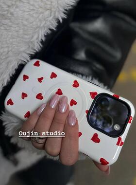 韩系博主同款时髦高级感红色爱心二合一磁吸菲林壳适用16promax/15p/14/13/12/11手机壳保护套全包防摔壳