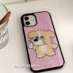 光面 韩系ins风可爱文创系列黑边调皮狗狗适用苹果16pro 15promax iphone13 14高级亚克力玻璃壳防摔闺蜜新款