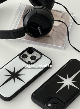 ins博主同款情侣甜酷高级感黑白星星时髦适用于iPhone16/15promax/14/13/12/11亚克力玻璃手机壳保护套防摔