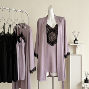 NANA ROSE真丝吊带蕾丝性感睡女款睡衣套装睡袍两件套纯欲带胸垫