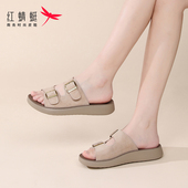 平底一字拖沙滩鞋 红蜻蜓女真皮凉鞋 新款 夏季 懒人外穿 复古勃肯拖鞋