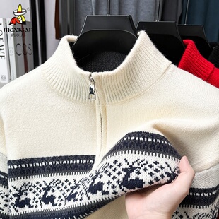 稻草人2026秋冬季新款男款潮立领翻领半拉链加厚毛衣针织衫打底衫