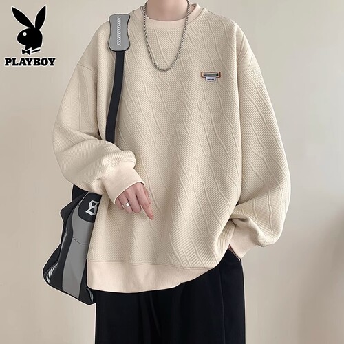 花花公子卫衣男款潮牌oversize男生衣服春秋季杏色休闲长袖t恤男