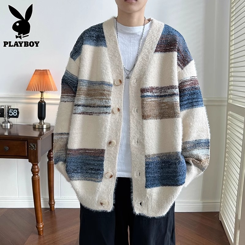 花花公子拼色开衫毛衣男士秋冬季潮流v领针织衫宽松条纹线衣外套