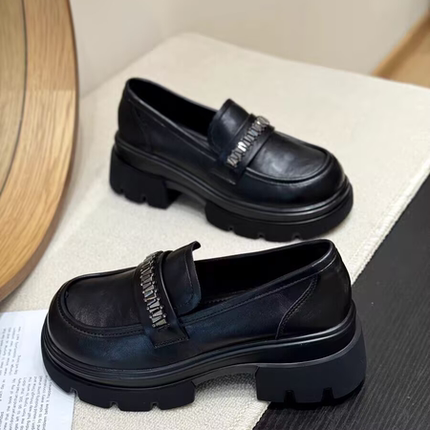 66-211圆头单鞋纯色英伦一脚蹬乐福鞋舒适黑色ol秋季春季-