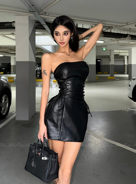 HELEN/酷辣风可拆卸肩带抹胸裙女抽绳绑带性感收腰辣妹连衣短皮裙