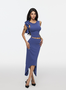 HELEN‘办公室捕手’无袖绑带上衣显瘦垂感包臀半裙套装两件套