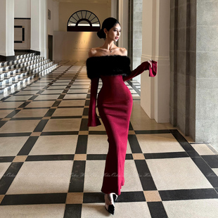 显瘦细闪毛领连衣长裙 气质羊绒银线一字肩针织裙女修身 HELEN 法式