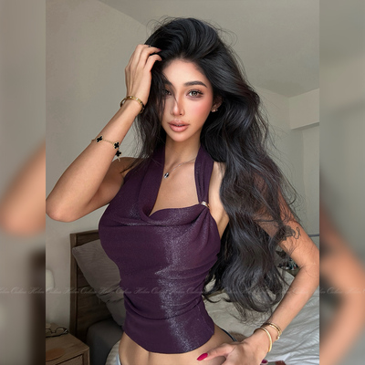高级感亮丝荡领挂脖金属扣背心女