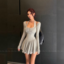 HELEN“带胸垫 轻氧韩女芭蕾裙”休闲纯欲挂脖裙纽结衫花苞裤套装