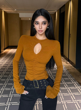 HELEN/兰精天丝羊绒/性感镂空辣妹长袖T恤女显瘦褶皱保暖上衣