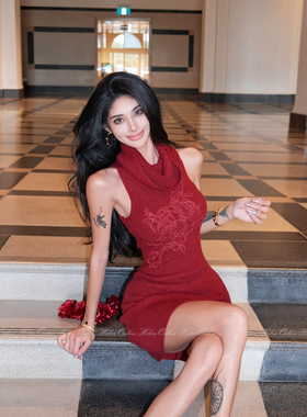 HELEN/氛围感高领立体刺绣连衣裙女气质显瘦无袖堆堆领辣妹针织裙