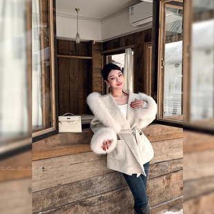 绵羊毛重工外套女双面呢气质系带长袖 狐狸毛 大衣 冬日氛围 HELEN