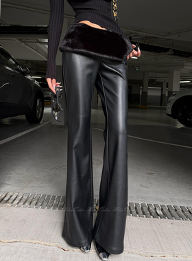 HELEN/高级感“带胯垫”丰胯长裤女显瘦可拆卸毛边微喇显腿直皮裤