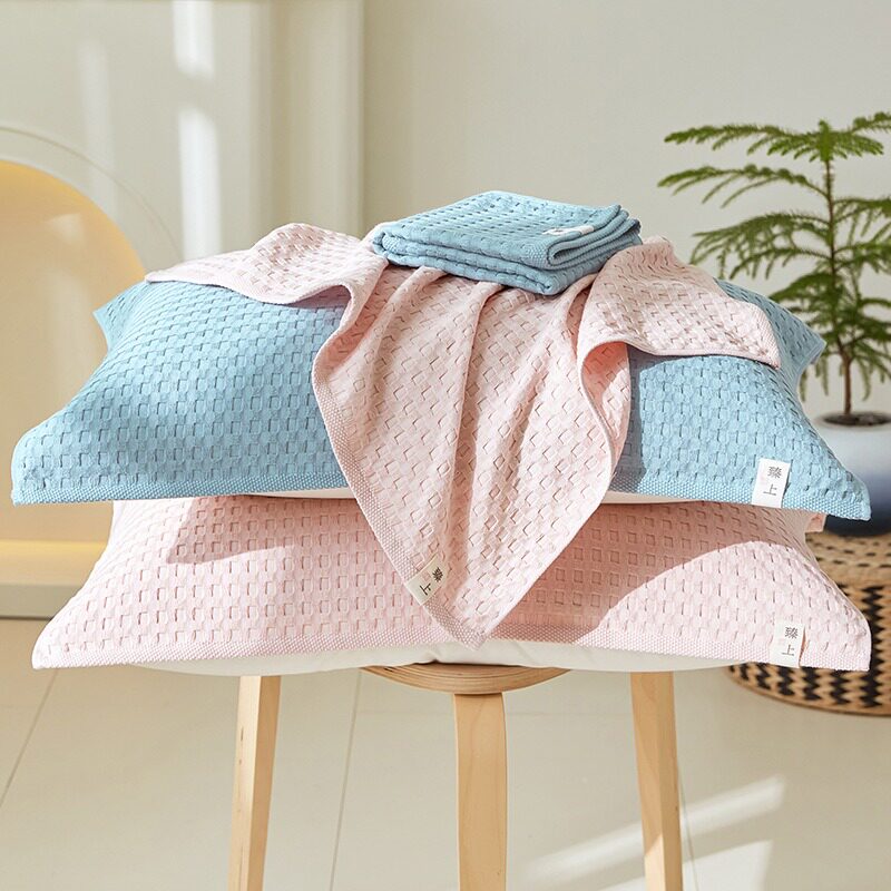 家用柔软简约北欧风素色纯色华夫格枕巾纯棉一对装情侣枕头盖巾