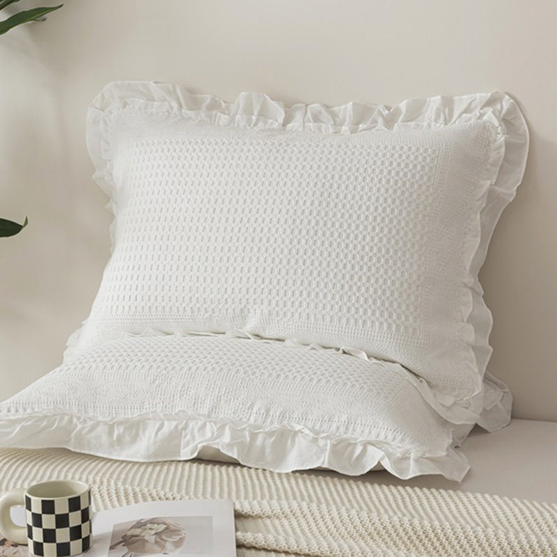 2026花边荷叶边暗纹华夫格枕套高档韩式枕头套家用成人枕巾套一对