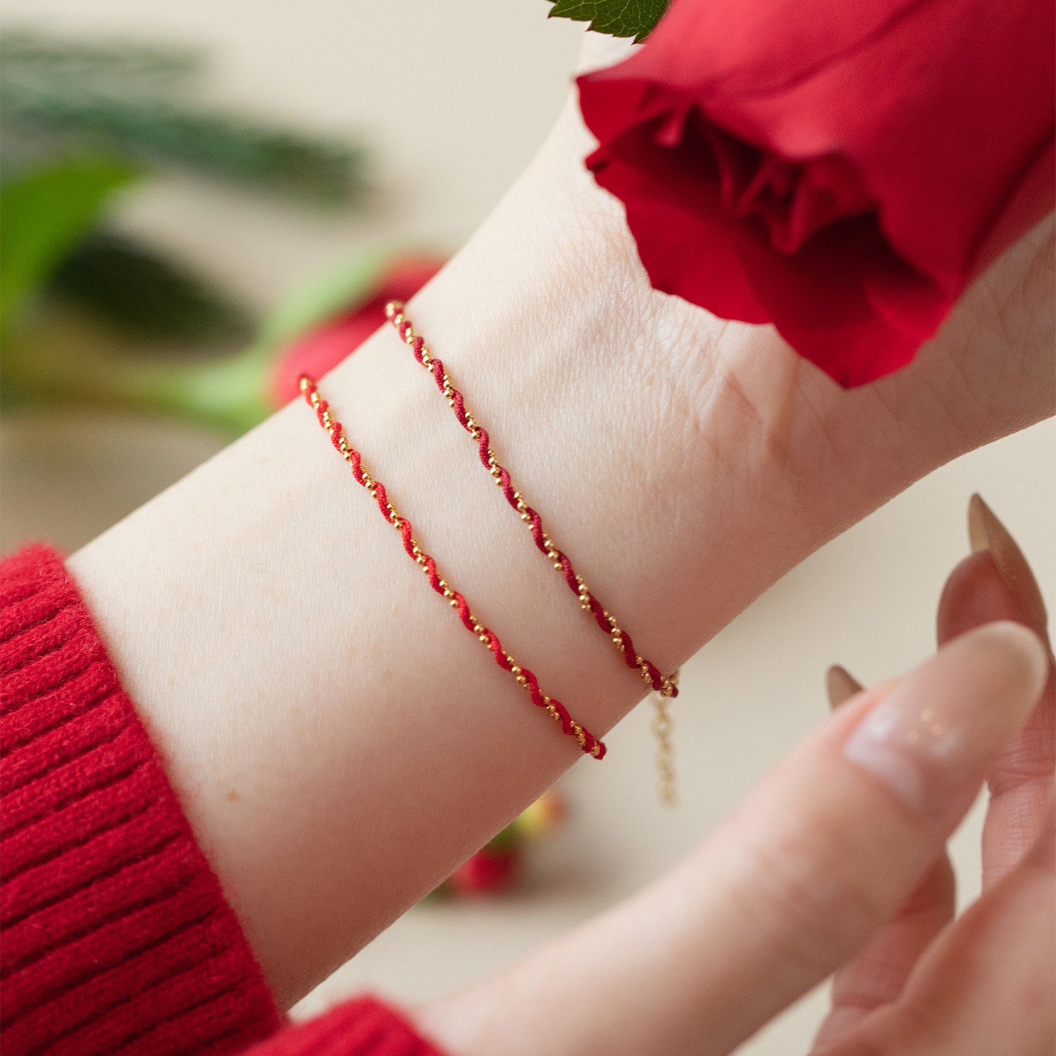 JUNJUN 纯手工麻花编织14K包金不怕水温柔百搭极细好运红绳手链
