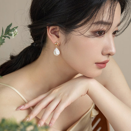 JUNJUN新款百搭天然淡水巴洛克水滴珍珠耳环高级耳饰简约小众耳夹