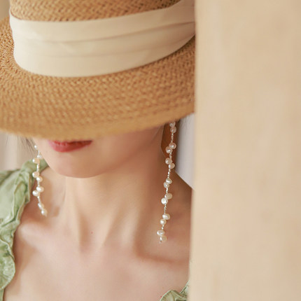 JUNJUN 灿若星辰系列南法小众手工超长珍珠s925碎银子纯银耳环