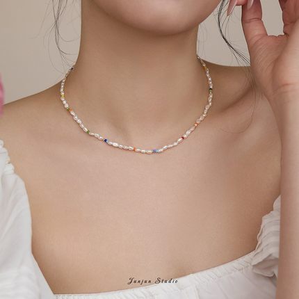 JUNJUN少女感甜酷糖果极细淡水巴洛克珍珠锁骨链彩色串珠俏皮项链