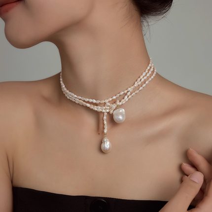 JUNJUN多层叠戴巴洛克淡水珍珠女轻奢小众高级感长项链毛衣链多戴