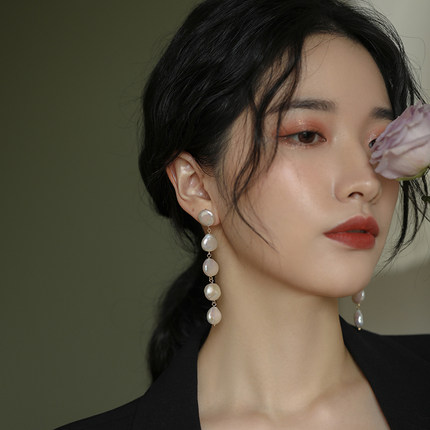 JUNJUN自制强光粉光巴洛克淡水纽扣珍珠长款流苏坠感显瘦耳坠耳环