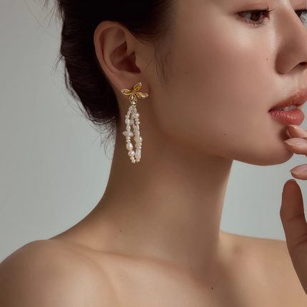 JUNJUN STUDIO花朵珍珠流苏耳环女气质高级百搭耳饰创意气质型