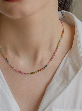 彩色碧玺方糖珠水晶锁骨链叠戴