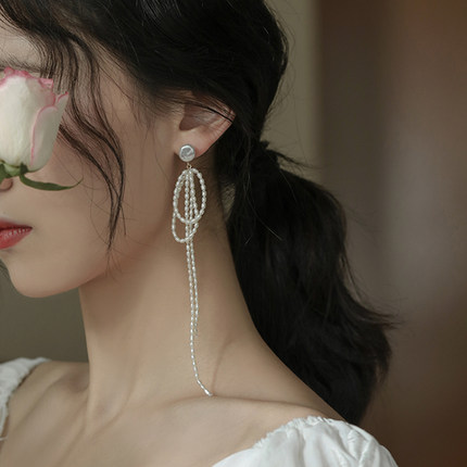 JUNJUN手作碎银子耳钉AB款不规则超长超仙淡水珍珠坠感耳环质感