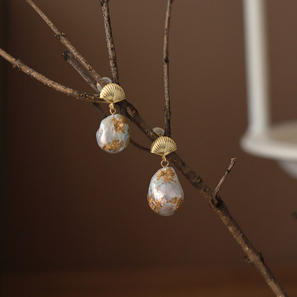 JUNJUN新款创意个性小众925纯银贝壳耳钉天然水滴巴洛克金箔耳环