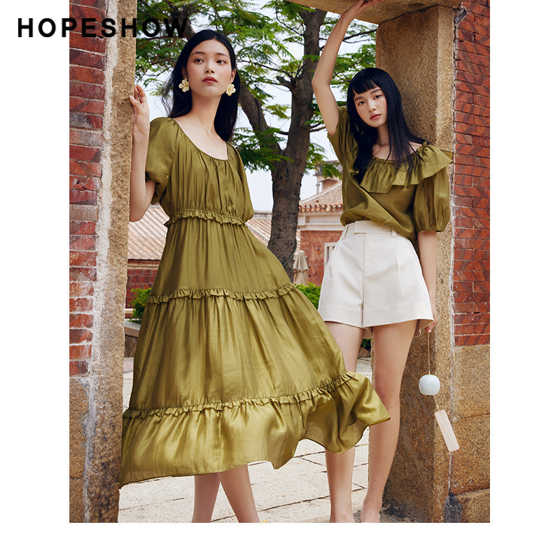 红袖夏季新款泡泡袖收腰方领套头连衣裙