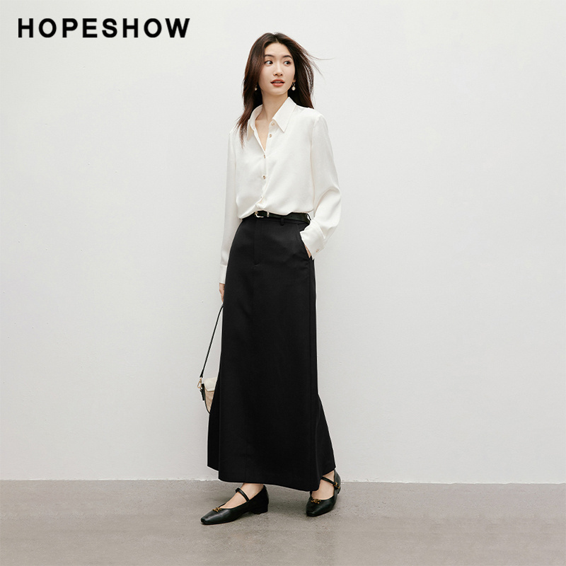 红袖秋新款女装金属扣腰带直筒半身裙