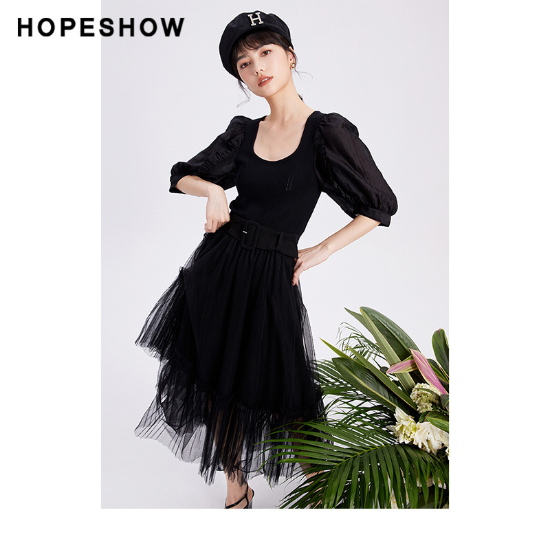 【日常价】红袖夏新款女装宽腰头压褶网纱半身裙