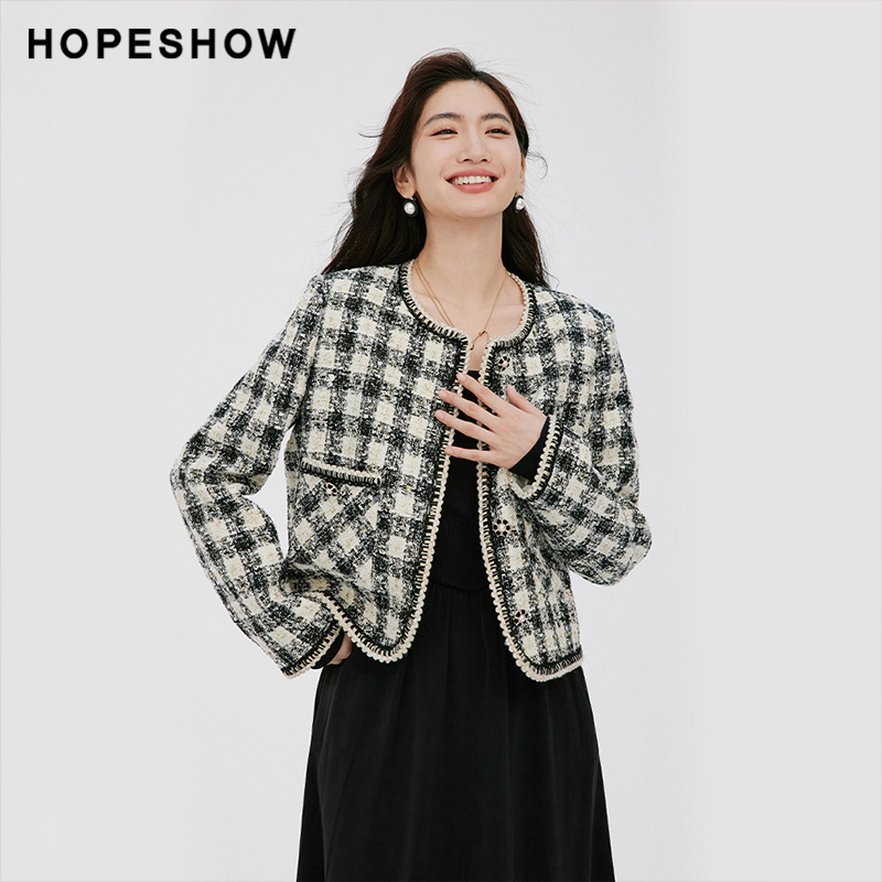 【日常价】红袖春季香风格纹织带边圆领外套