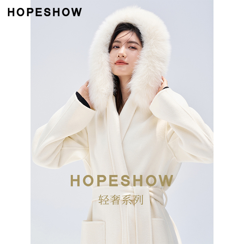 【日常价】红袖冬季落肩狐狸毛领连帽双面呢大衣