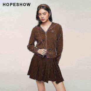 【日常价】红袖秋新款女装字母绣双拉链连帽针织开衫