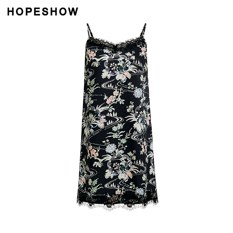 【清仓】红袖2024秋季新款女装花卉印花蕾丝拼接浅吊带连衣裙