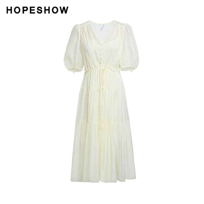 【直播专享不退不换】红袖夏新款女装拼接抽绳泡泡袖V领连衣裙两