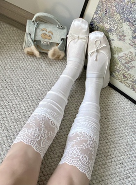陆甜茶芭蕾风蕾丝袜子女白色过膝袜甜美堆堆袜薄款纯欲过膝袜