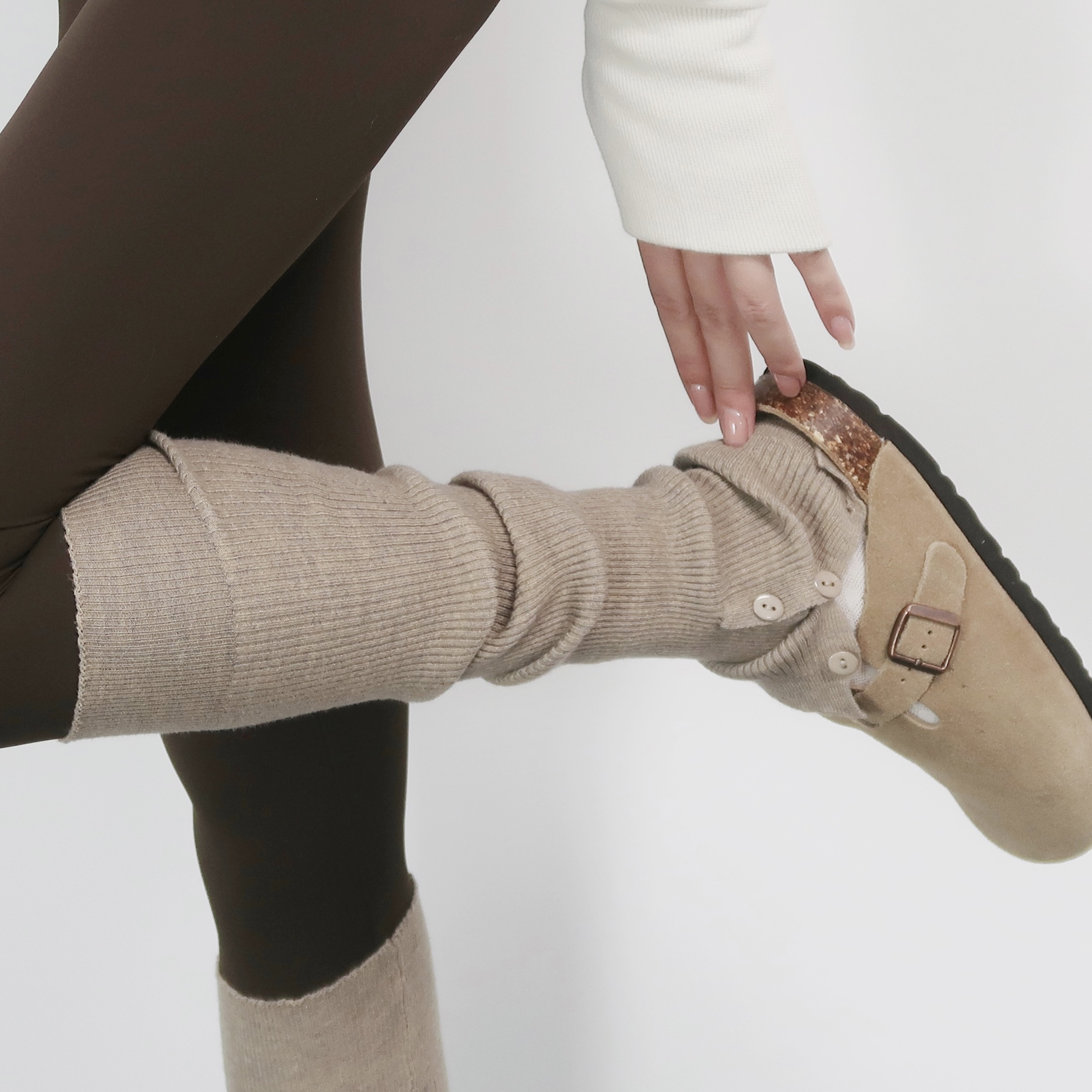 陆甜茶纽扣纯色针织长筒袜套加长专业瑜伽运动堆堆腿套秋冬保暖