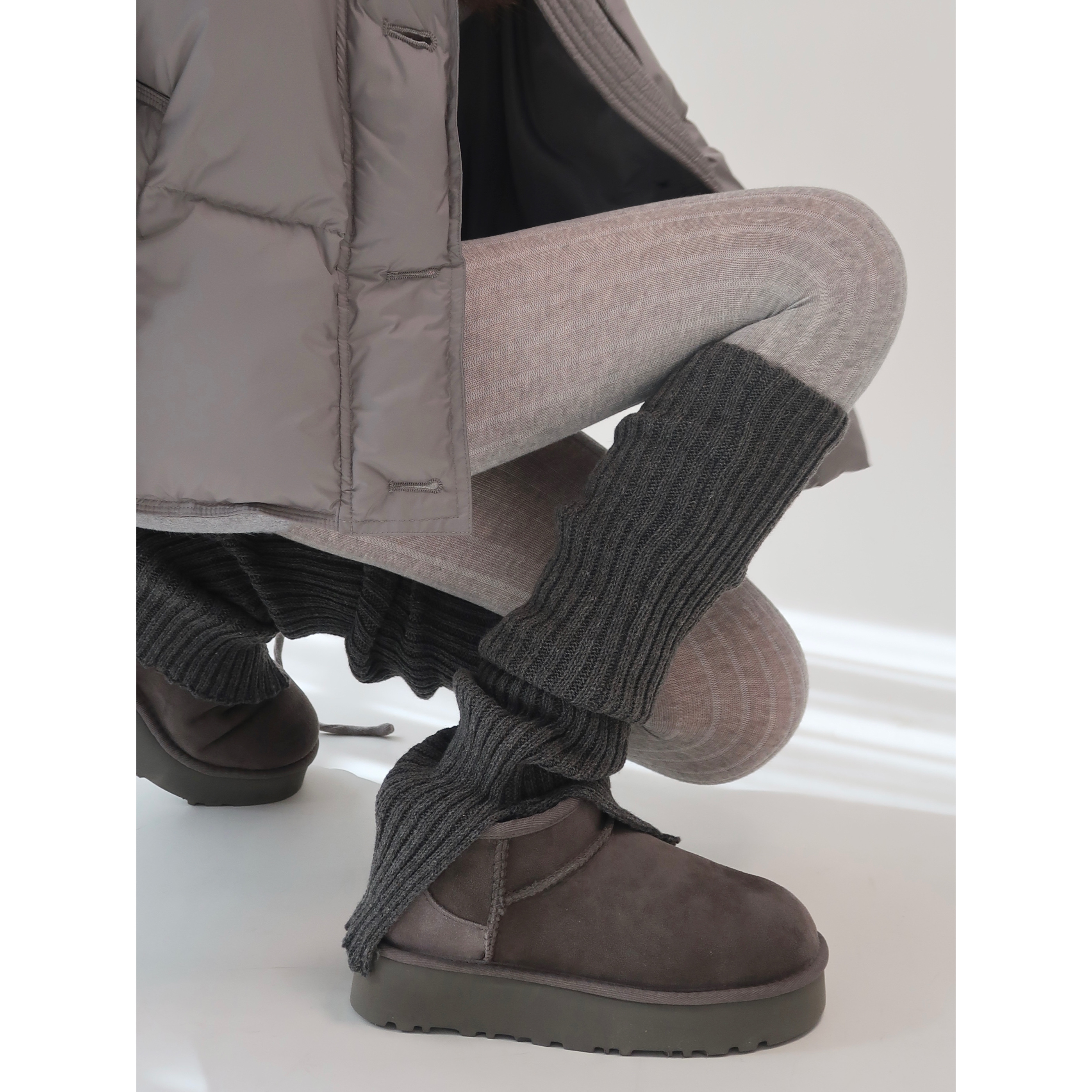 JK袜套秋冬针织堆堆加厚保暖竖纹腿套y2k开叉毛线灰色走秀款靴套