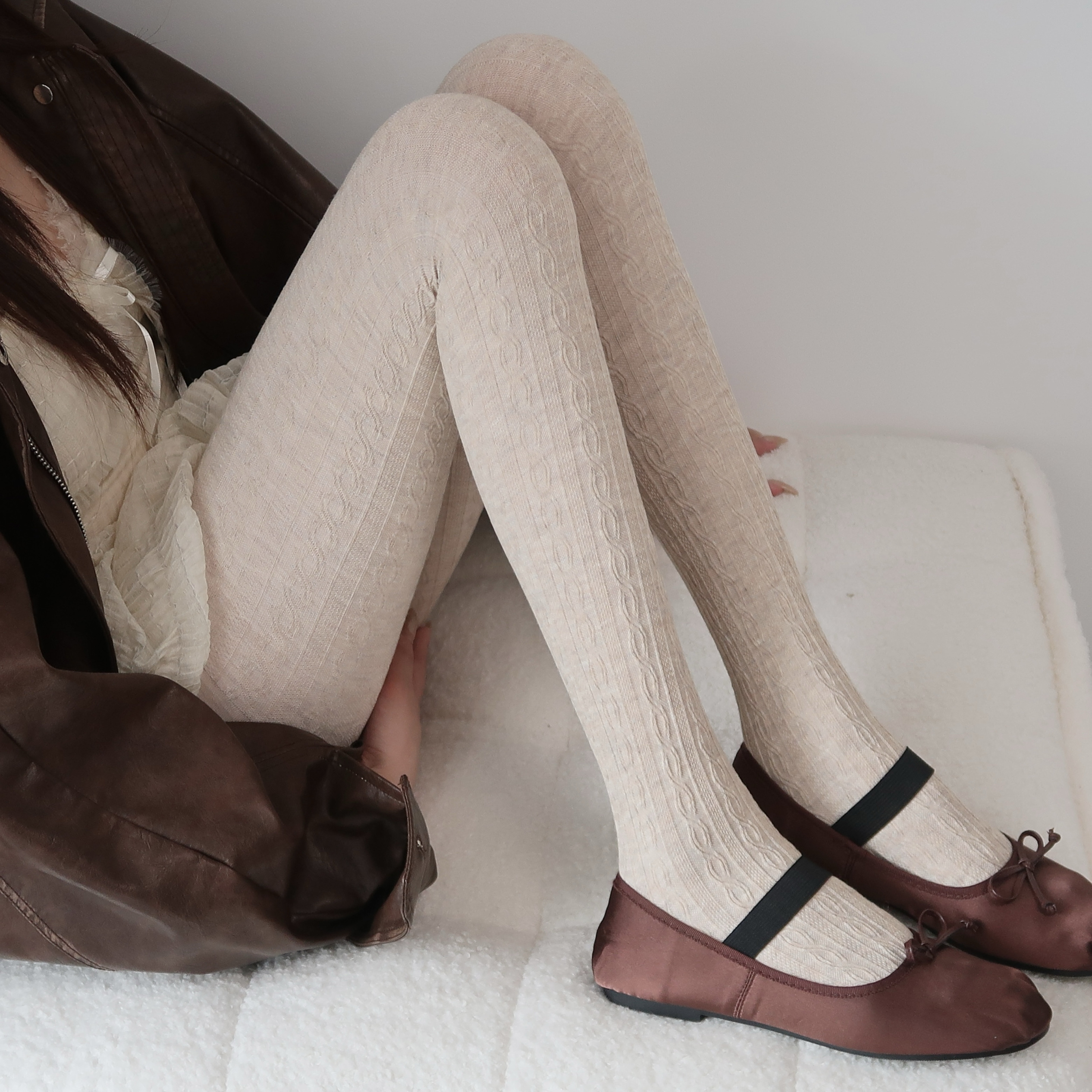 陆甜茶复古麻花纹打底袜燕麦色螺纹春秋冬款外穿显瘦连裤袜子女