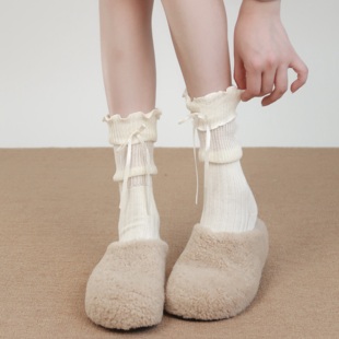 陆甜茶芭蕾风花边袜子女中筒袜秋冬保暖蝴蝶结堆堆袜甜美长袜
