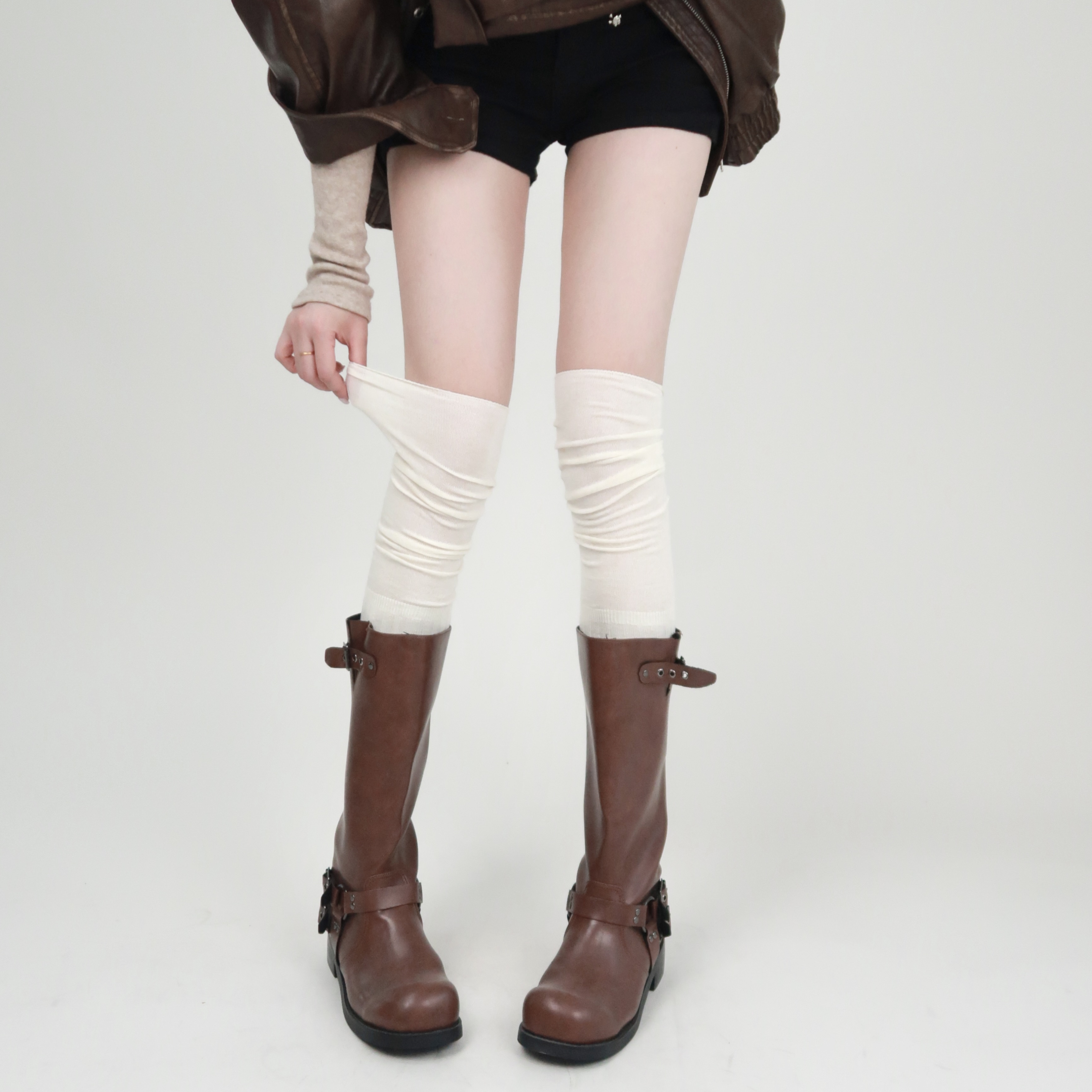 陆甜茶拼接竖条纹过膝袜子女春秋长筒堆堆袜高筒美拉德叠穿靴子袜