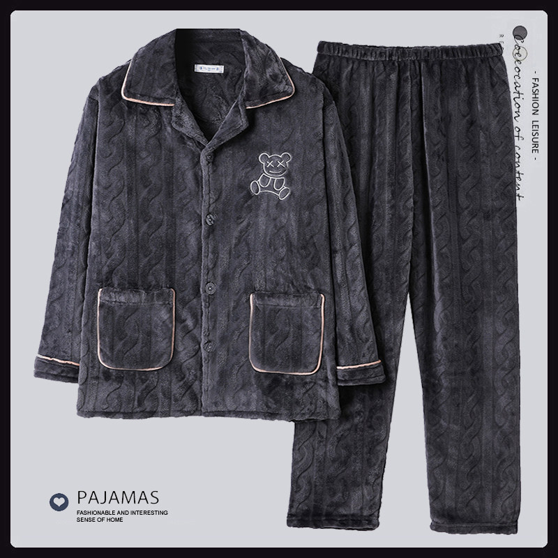 2025秋冬新款加厚法兰绒睡衣男士冬季珊瑚绒加大码中年爸爸家居服