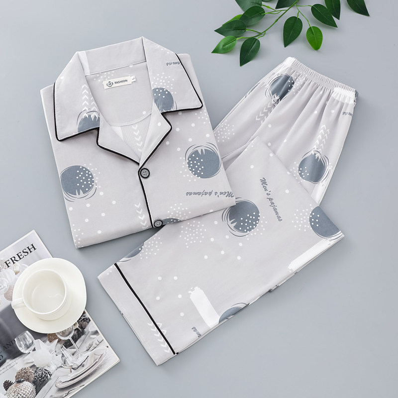 夏季男士睡衣开衫薄款短袖长裤加肥加大码中老年爸爸纯棉质家居服