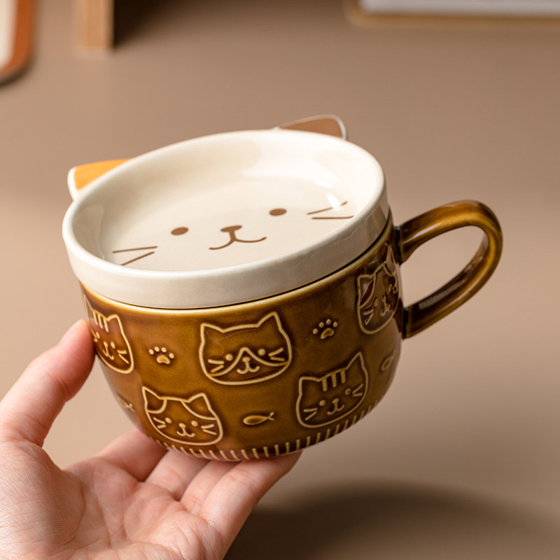 陶瓷马克杯早餐杯带盖杯子女生ins风水杯情侣高颜值喝水燕麦杯