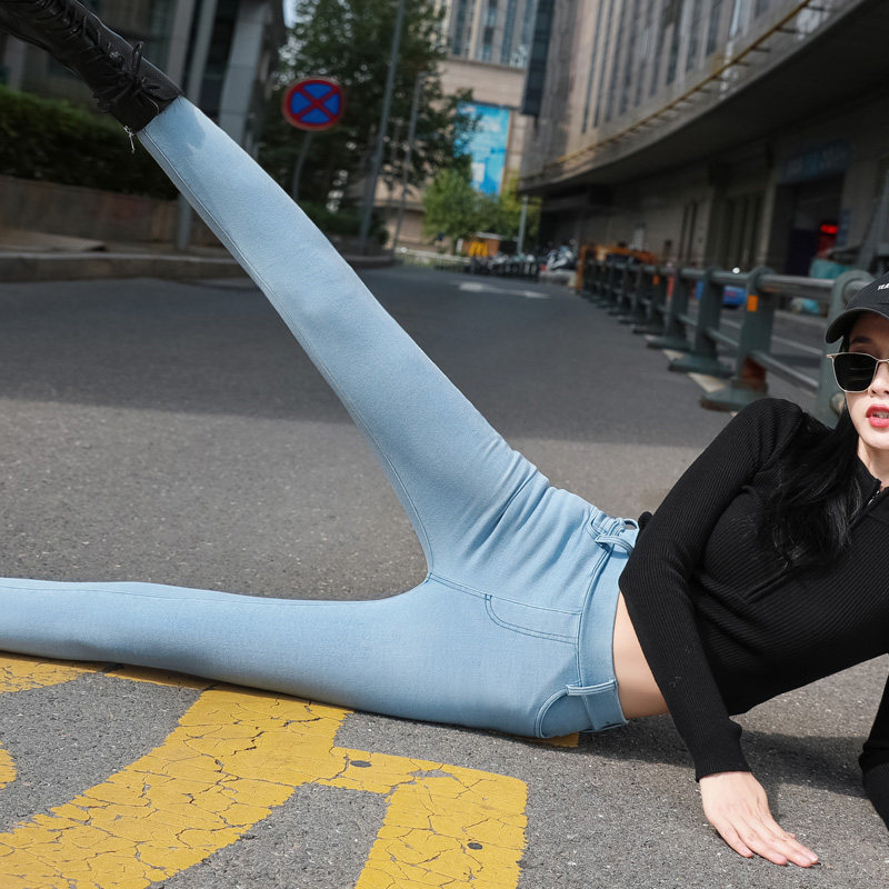 高弹松紧腰软仿牛仔裤女高腰紧身