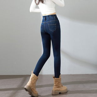 高弹力针织软牛仔裤女小脚高腰春秋薄绒深蓝无痕四面弹力紧身靴裤